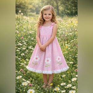 6 - JENNY & ME - Girls' Pink Gingham Floral Sundress embroidered
